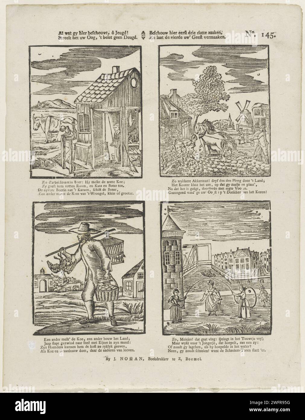 Tutto ciò che saluti qui, ô Gioventù! / Accarezza l'occhio, non impedisce la virtù. / Considerate qui i primi tre utili Zaaken, / e lasciate che il quarto il vostro 'spirito Vermaaken, 1806 - 1830 stampa Foglia con 4 esibizioni di un contadino che munge la sua mucca, da contadini che lasciano che i cavalli arino il campo, da un venditore di uova sulla strada per il mercato e da bambini che saltano la corda. Un verso a quattro righe sotto ogni immagine. Numerato in alto a destra: N. 145. Editore: Zaltbommelprint Maker: Mungitura per la stampa di carta tipografica olandese. aratura. commerciante di strada. giochi di salto con la corda Foto Stock