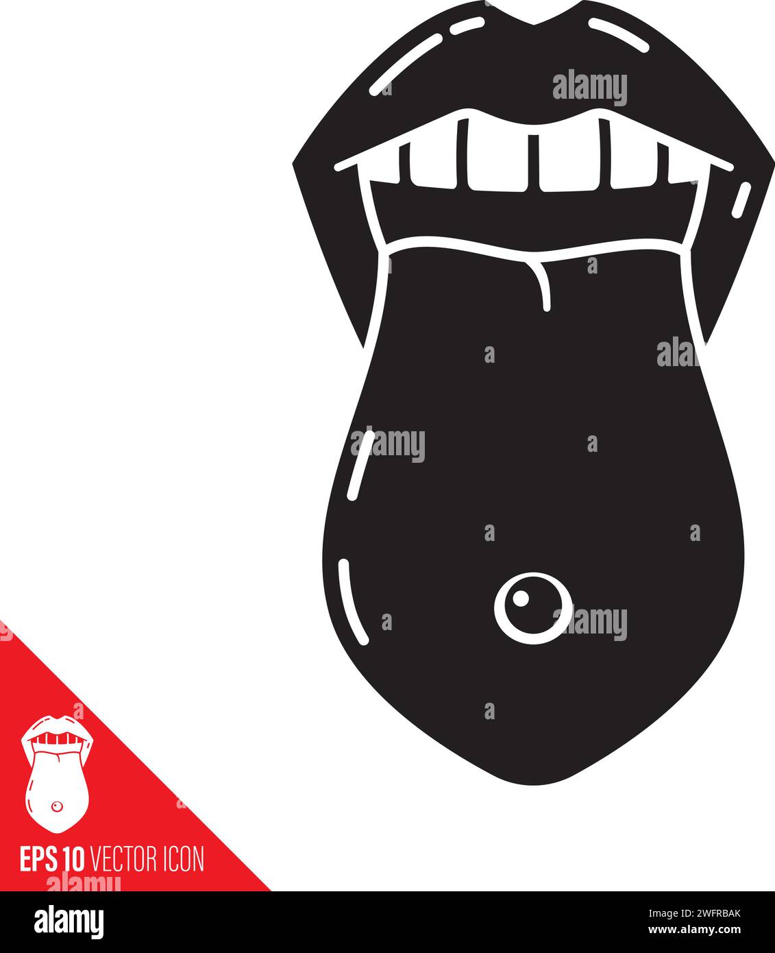Labbra e lingua femminili con icona del glifo vettoriale perforante per il giorno internazionale del Piercing corporeo Illustrazione Vettoriale