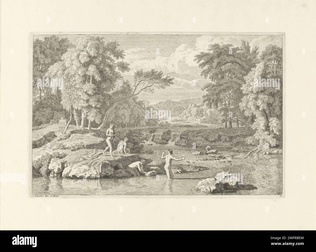 Paesaggio arcadiano con quattro donne che fanno il bagno, Johannes Glaber, 1656 - 1726 stampa un paesaggio arcadiano con fiume e cascata. Quattro donne che fanno il bagno in banca. La stampa fa parte di una serie di paesaggi arcadiani. Sconosciuti pastori di carta, scene arcadiane. fiume (+ paesaggio con figure, personale). Fare un bagno - AA - all'aria aperta Foto Stock