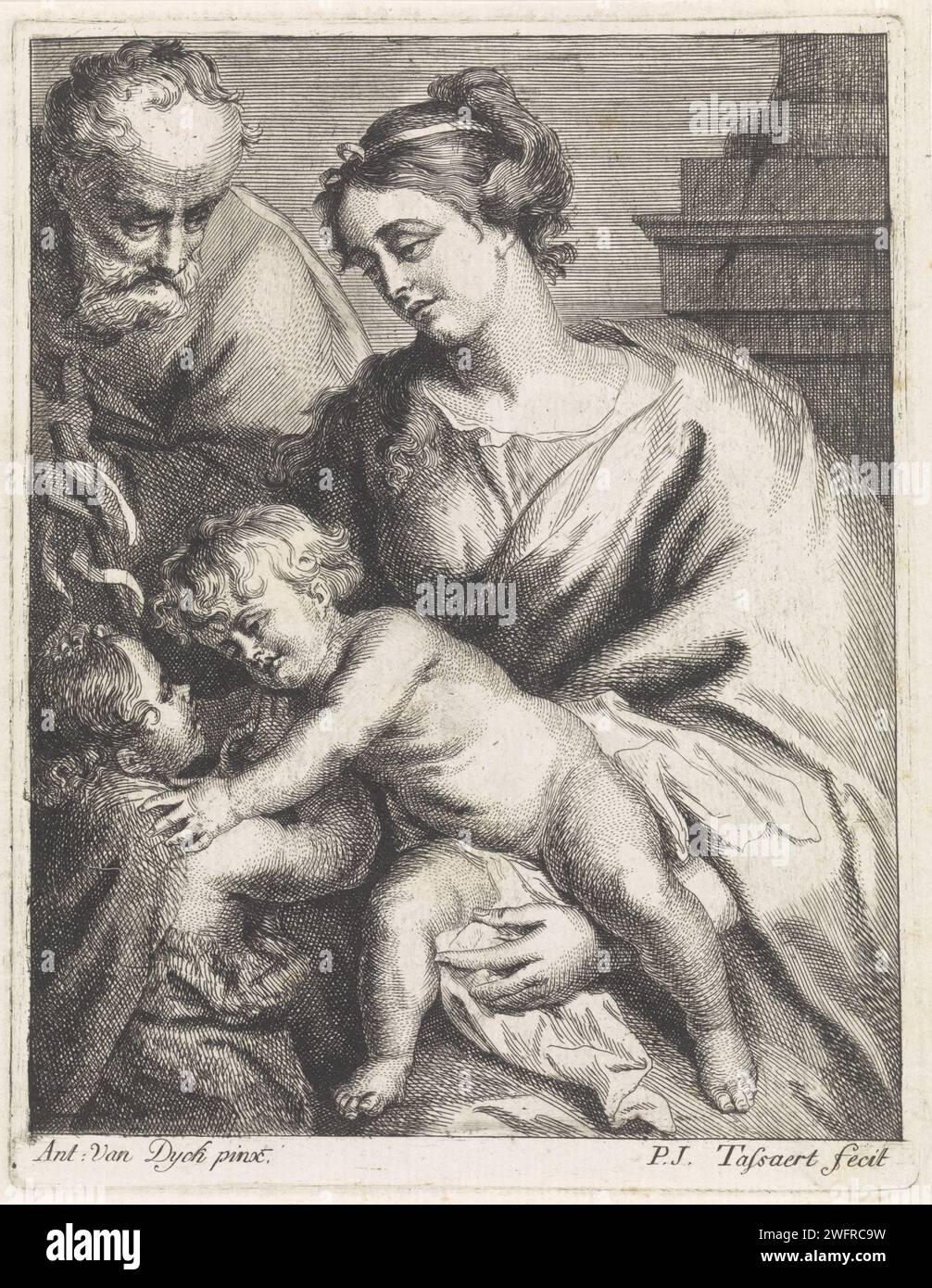 Sacra famiglia con Johannes, Philippe Joseph Tassaert, dopo Anthony Van Dyck, 1742 - 1803 carta stampata incisione Sacra famiglia con Giovanni Battista (da bambino) Foto Stock