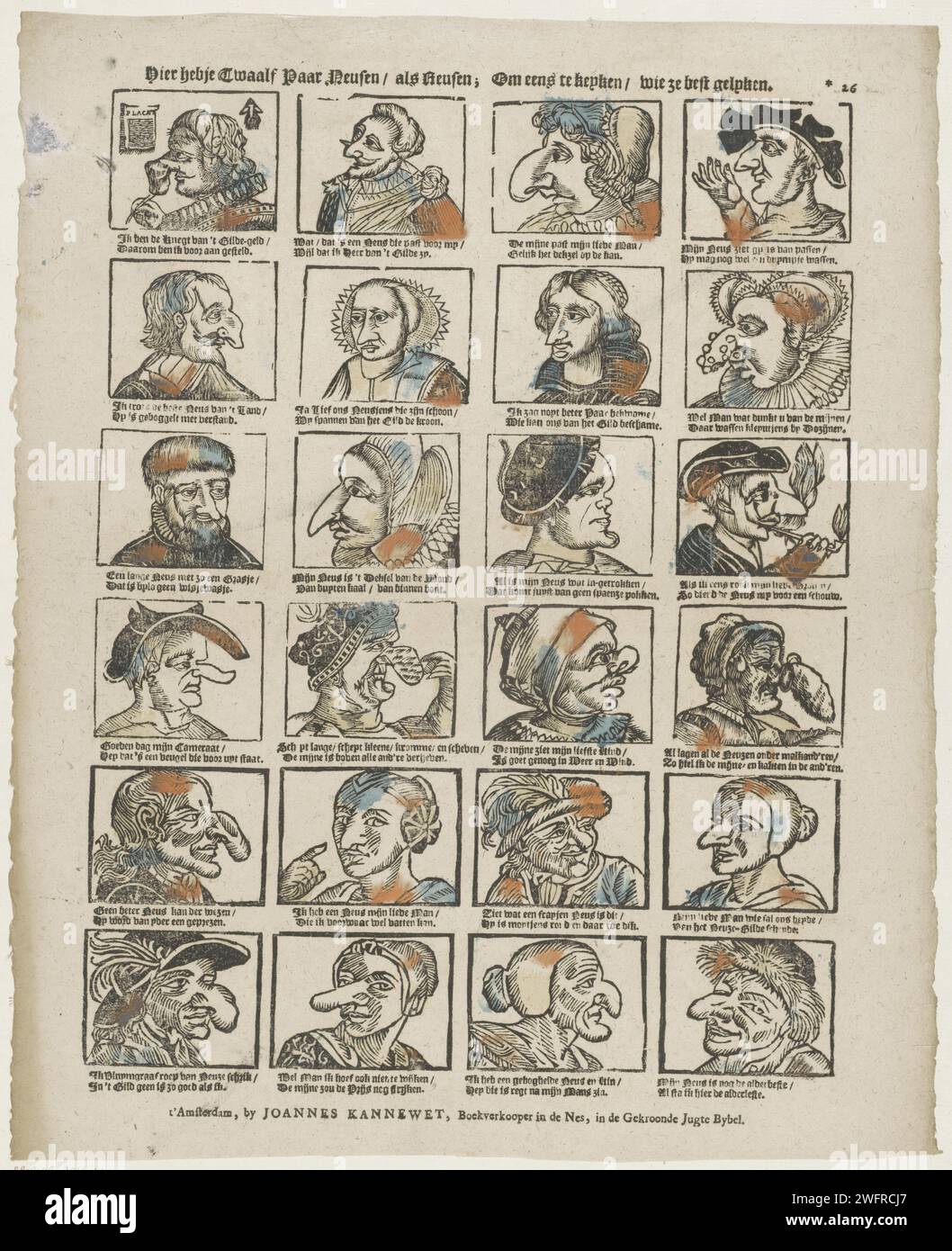 Qui hai dodici coppie di Neusen / come Reusen; a Once the Keyken / chi meglio legano., 1725 - 1780 stampa Foglia con 24 rappresentazioni comiche di figure con il naso grande e deformato. Sotto ogni immagine un verso bidirezionale. Numerato in alto a destra: *26. Editore: Amsterdamprint Maker: Caricature di stampa di carta tipografica olandese (tipi umani). morfologia dell'espressione facciale  naso. parti del viso: naso Foto Stock