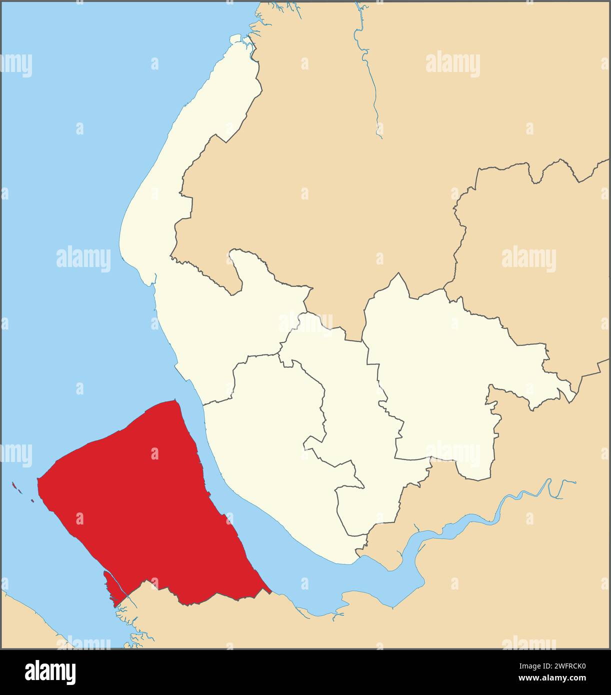 Mappa dei luoghi evidenziata in bianco piatto rosso del BORGO METROPOLITANO DI WIRRAL all'interno dei distretti amministrativi beige mappa di Merseyside, Illustrazione Vettoriale