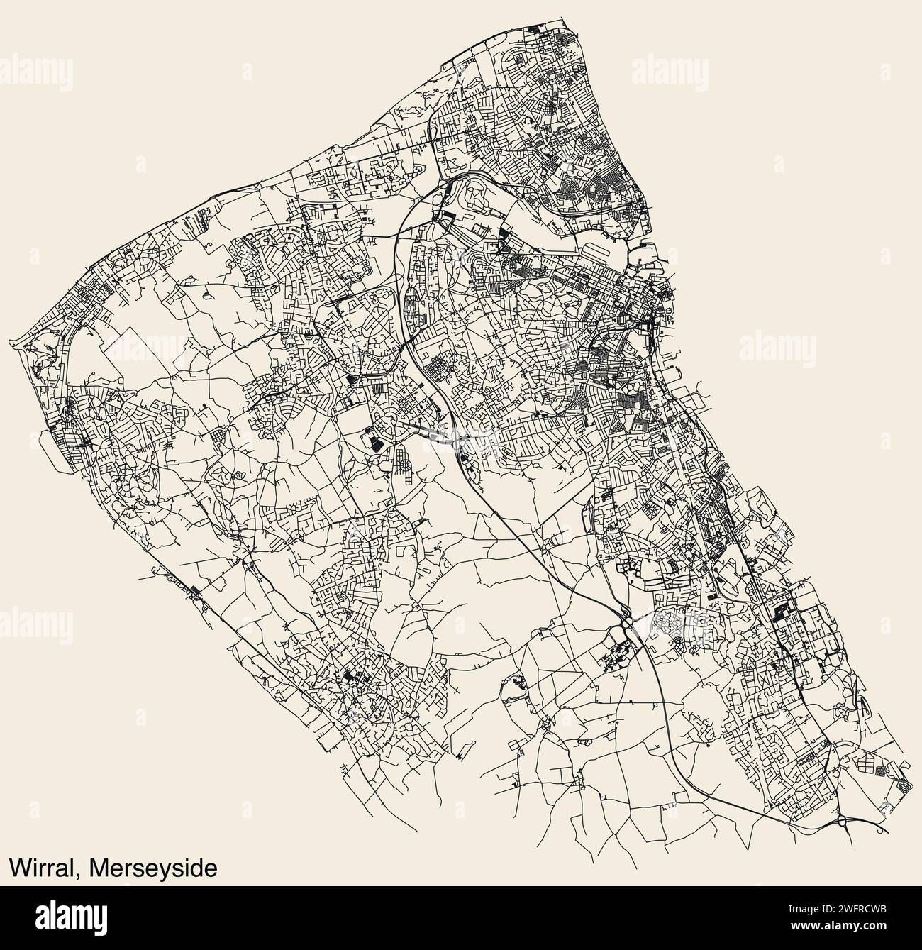 Mappa stradale del METROPOLITAN BOROUGH DI WIRRAL, MERSEYSIDE Illustrazione Vettoriale