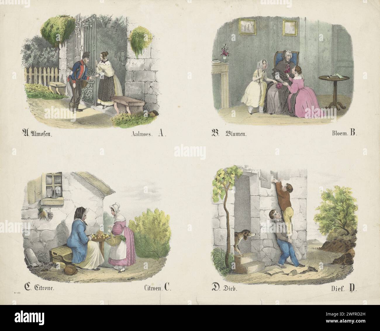 LEETS A, B, C e D, Firm Joseph Fotored, 1829 - 1880 fogli stampati con 4 spettacoli da ritagliare e legare insieme per prenotare sull'alfabeto. Immagina le lettere A (Aalmoes), B (fiore), C (limone) e D (ladro). Sotto ogni immagine una didascalia in tedesco e in olandese. Numerato in basso a sinistra: N. 104. Editore: Mainzprint Maker: Europa lettere cartacee, alfabeto, script Foto Stock