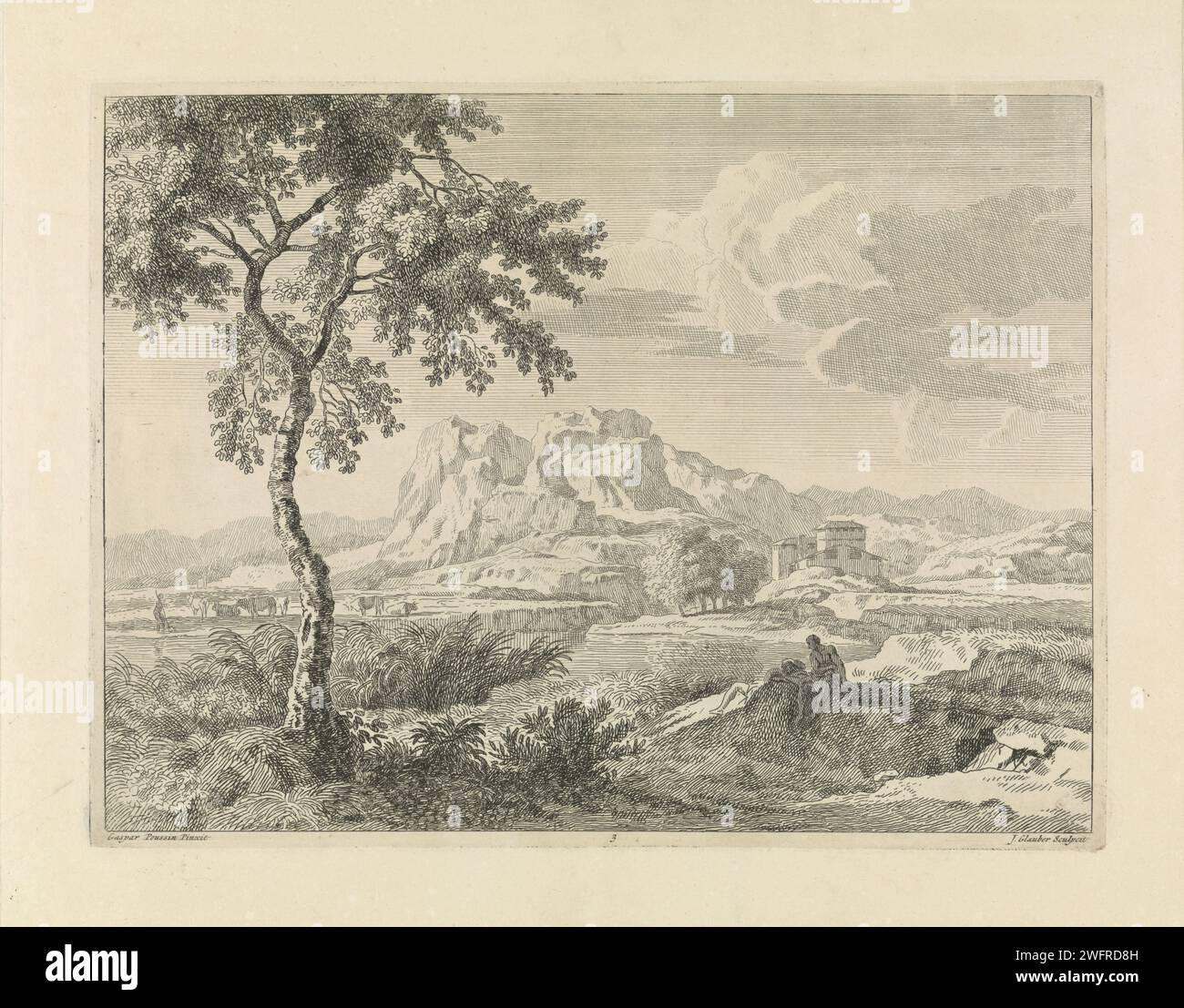 Paesaggio collinare con due bagnanti, Johannes Glaber, dopo Gaspard Dughet, 1656 - 1726 stampa paesaggio collinare con una casa in lontananza. In primo piano due bagnanti che si godono il sole. La stampa fa parte di una serie di paesaggi dipinti da Gaspar Poussin. sconosciuta incisione della carta (alta) collina (+ paesaggio con cifre, personale). Bagni pubblici - AA - all'aperto Foto Stock