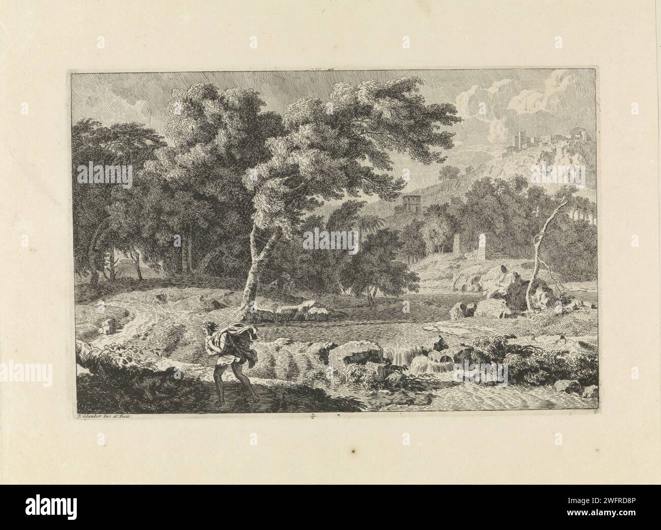 Paesaggio arcadiano in una tempesta, Johannes Glaber, 1656 - 1726 stampa un paesaggio arcadiano con uno stagno. Sulla sinistra c'è una strada con un camminatore. Sta prendendo d'assalto. Una città sullo sfondo. La stampa fa parte di una serie di paesaggi arcadiani. Sconosciuti pastori di carta, scene arcadiane. tempesta a terra. strada pubblica (+ city(-scape) con figure, personale). stagno Foto Stock