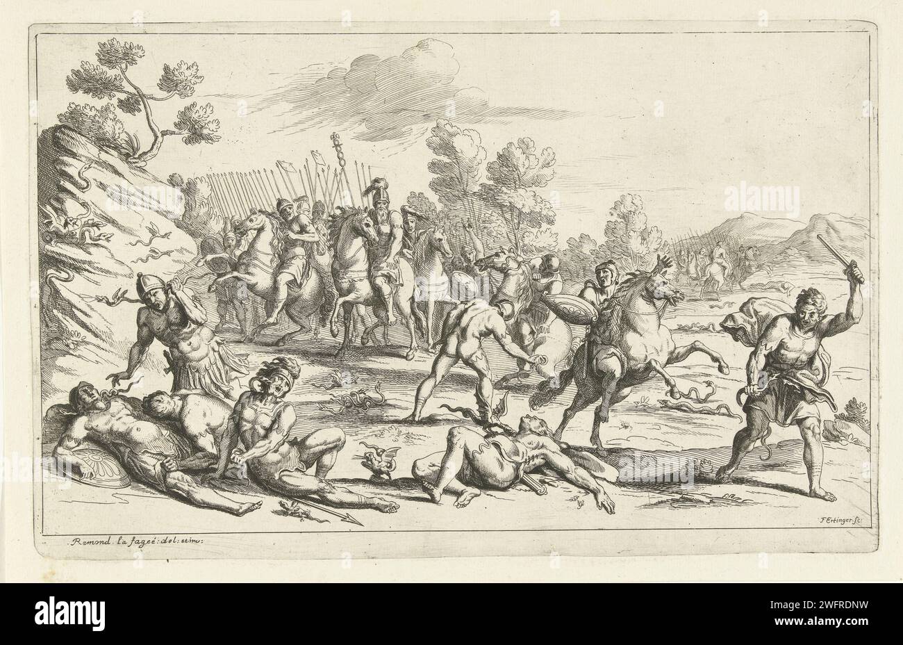 Soldati attaccati da una piaga di serpenti mostruosi, Franz Ertinger, dopo Raymond de Lafage, 1652 - 1707 tipografia: Parigi (forse)dopo il disegno di: Francia carta incisione animali favolosi  serpenti (asico, drago, idro, idra, anfisbaena, serpente cornuto, ceraste) Foto Stock