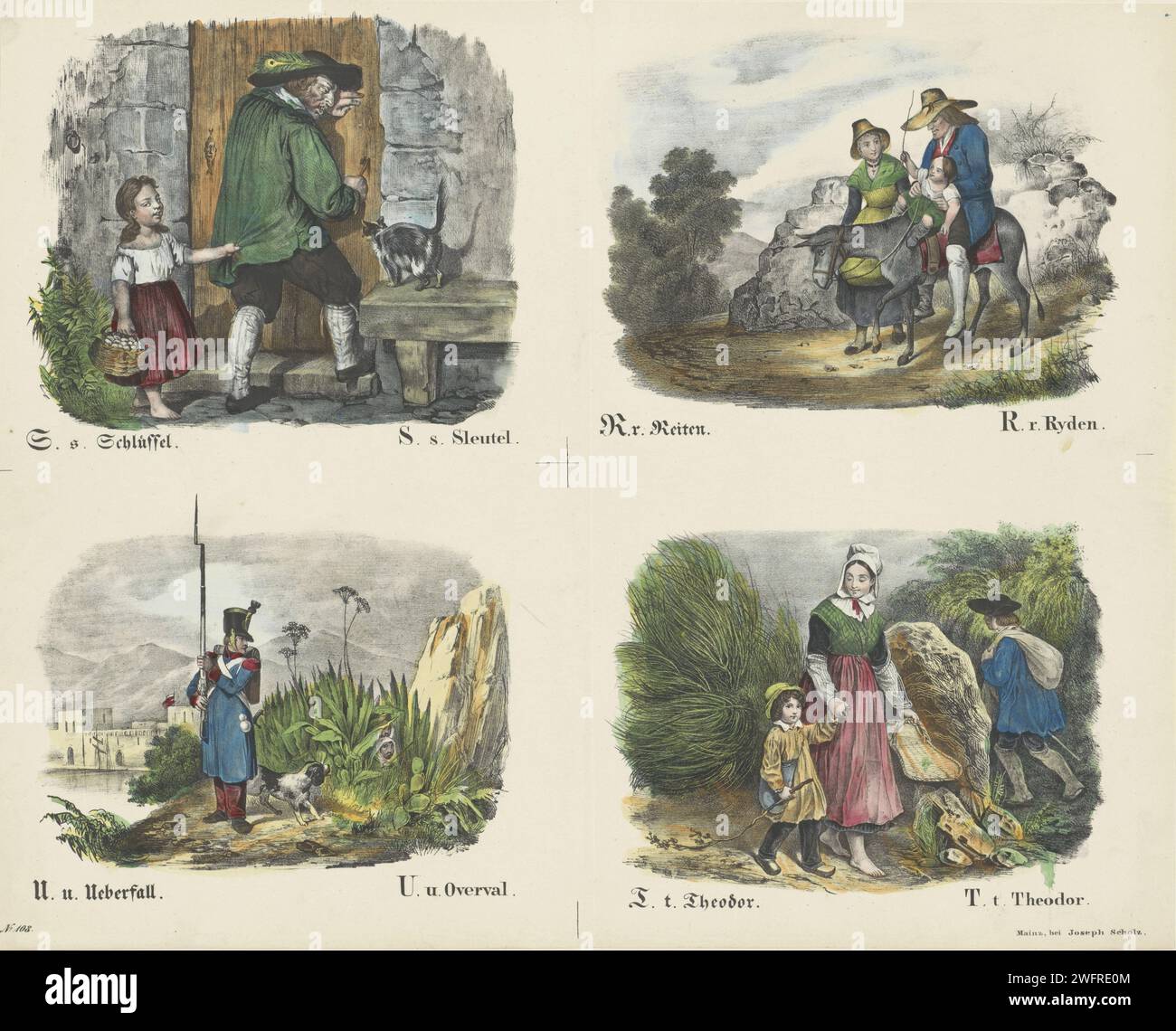 Lettere S, R, U en T, firma Joseph Scholz, 1829 - 1880 stampa Leaf con 4 spettacoli da ritagliare e legare insieme per prenotare sull'alfabeto. Immagini delle lettere S (chiave), r (equitazione), u (ueberfall = rapina) e t (Theodor). Sotto ogni immagine una didascalia in tedesco e in olandese. Numerato in basso a sinistra: N. 108. Editore: Mainzprint Maker: Europa lettere cartacee, alfabeto, script Foto Stock