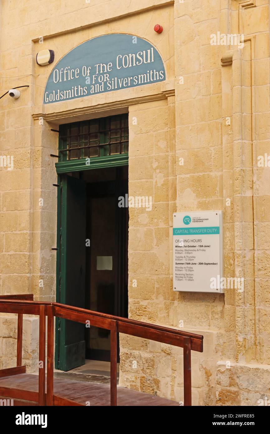Ingresso all'Ufficio del Console per gli Orafiti e gli Silversmiths, la Valletta Foto Stock