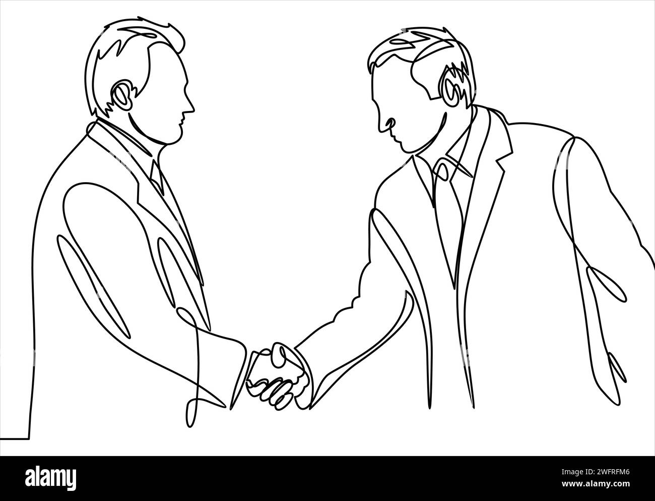 Un disegno di due uomini d'affari in valigia che stringono la mano e accettano di gestire un progetto. Disegno a linea singola del concetto aziendale. Illustrazione vettoriale Illustrazione Vettoriale