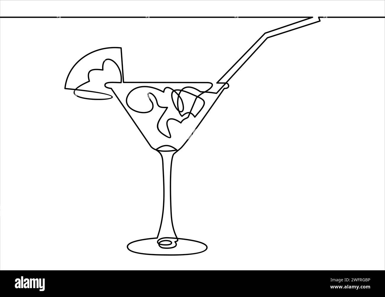 Disegno a linea continua. Wineglass con cocktail e limone. Illustrazione vettoriale disegnata a mano. Illustrazione Vettoriale