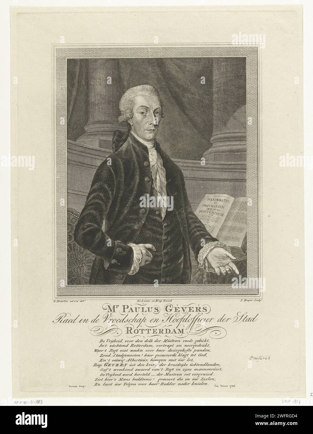 Ritratto di Paulus Gevers, Leendert Brasser, dopo G. Metellus, 1786 stampa Ritratto di Paulus Gevers in piedi accanto al tavolo con un manuale aperto che si riferisce alla sua professione di capo ufficiale della città di Rotterdam. Sotto il ritratto c'è un verso di dieci righe di Jan Verveer in olandese. Incisione/incisione su carta Rotterdam Foto Stock