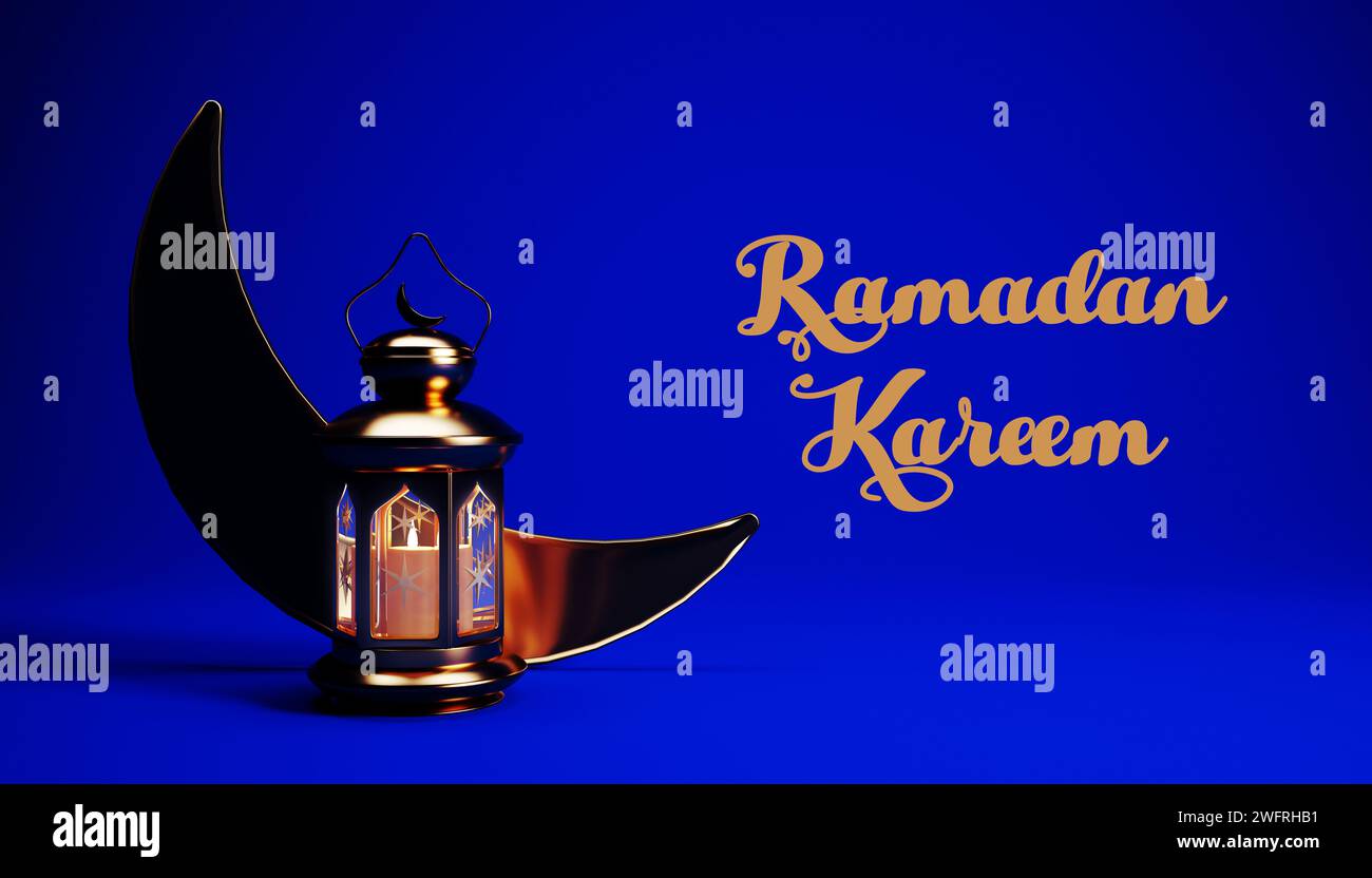 Sfondo Ramadan Kareem con lanterna dorata e luna a mezzaluna, rendering 3D. Wallpaper design Ramadan Kareem Muslim Holy Month. Foto Stock