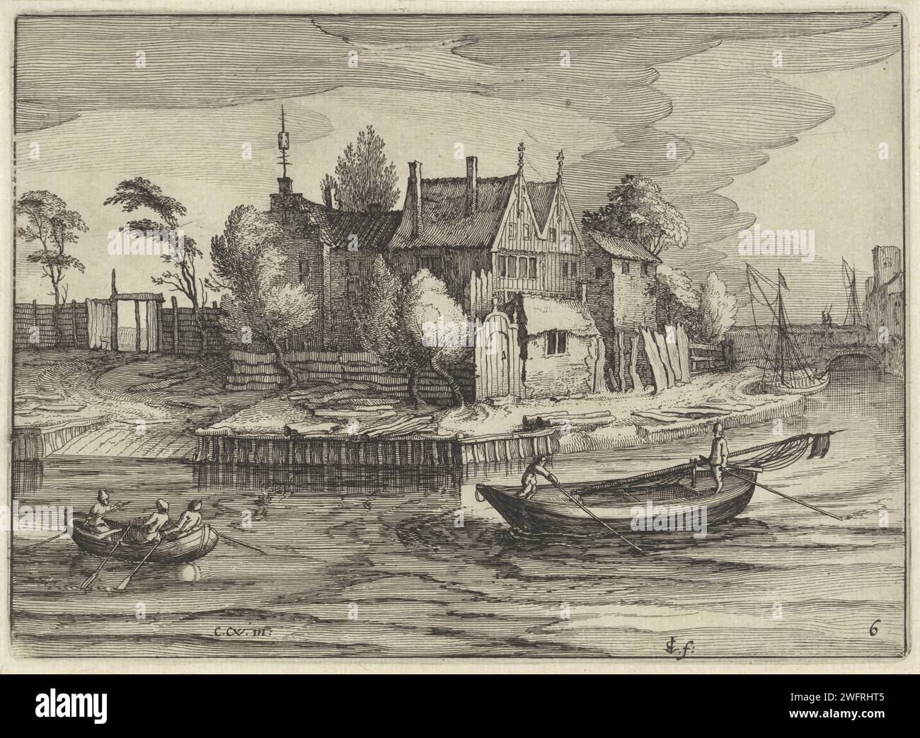 Sbatte in una tenuta, Claes Jansz. Visscher (II), dopo Cornelis Claesz van Wieringen, 1613 stampa due sloops salpano per una casa di campagna recintata. A destra due uomini, a sinistra tre. Amsterdam cartaceo canottaggio, canoa, ecc. alloggi rurali, ad esempio casa di campagna, villa, cottage Foto Stock