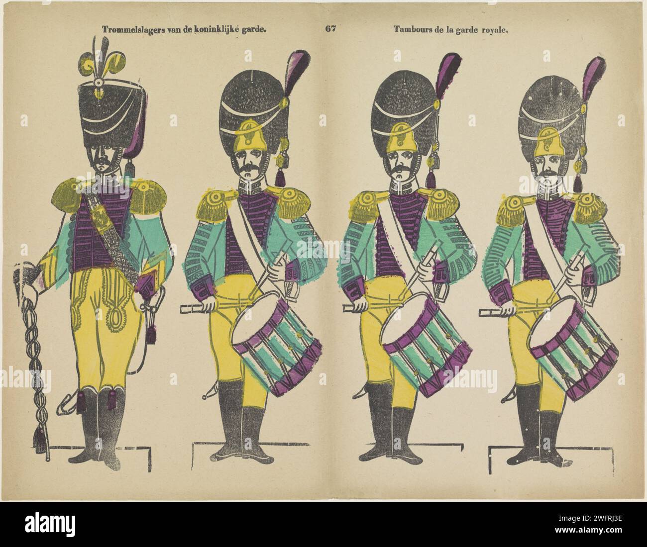 Macellai in miniatura della Royal Garde / Tambours de la Garde Royale, 1800 - 1833 fogli stampati con 4 esibizioni di musicisti militari. Numerato al centro: 67. Tipografia di carta Turnwood che stampa il soldato; la vita del soldato. banda militare Foto Stock