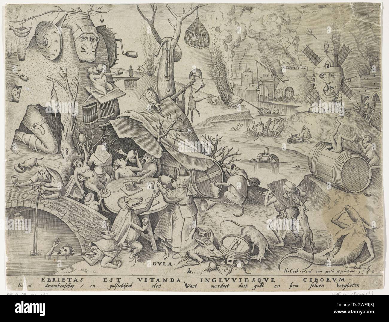 Gluttony, Pieter van der Heyden, dopo Pieter Bruegel (i), stampa del 1558 la personificazione femminile della guttonia (Gula) è su un maiale e beve da una brocca a un tavolo. Le donne sono sedute intorno al tavolo. Intorno a tutti i tipi di scene fantastiche e mostri con cui è ritratto questo peccato della testa. Con didascalia di una regola in latino e di una regola in olandese. Incisione di carta di Anversa Gluttony, Intemperance, Gula; Gola, Ingordigia, 'Ingordigia overo AviditÃ', 'VoracitÃ' (Ripa)  personificazione di uno dei sette peccati mortali. ubriachezza. diavoli sotto forma di (favolosi) animali Foto Stock