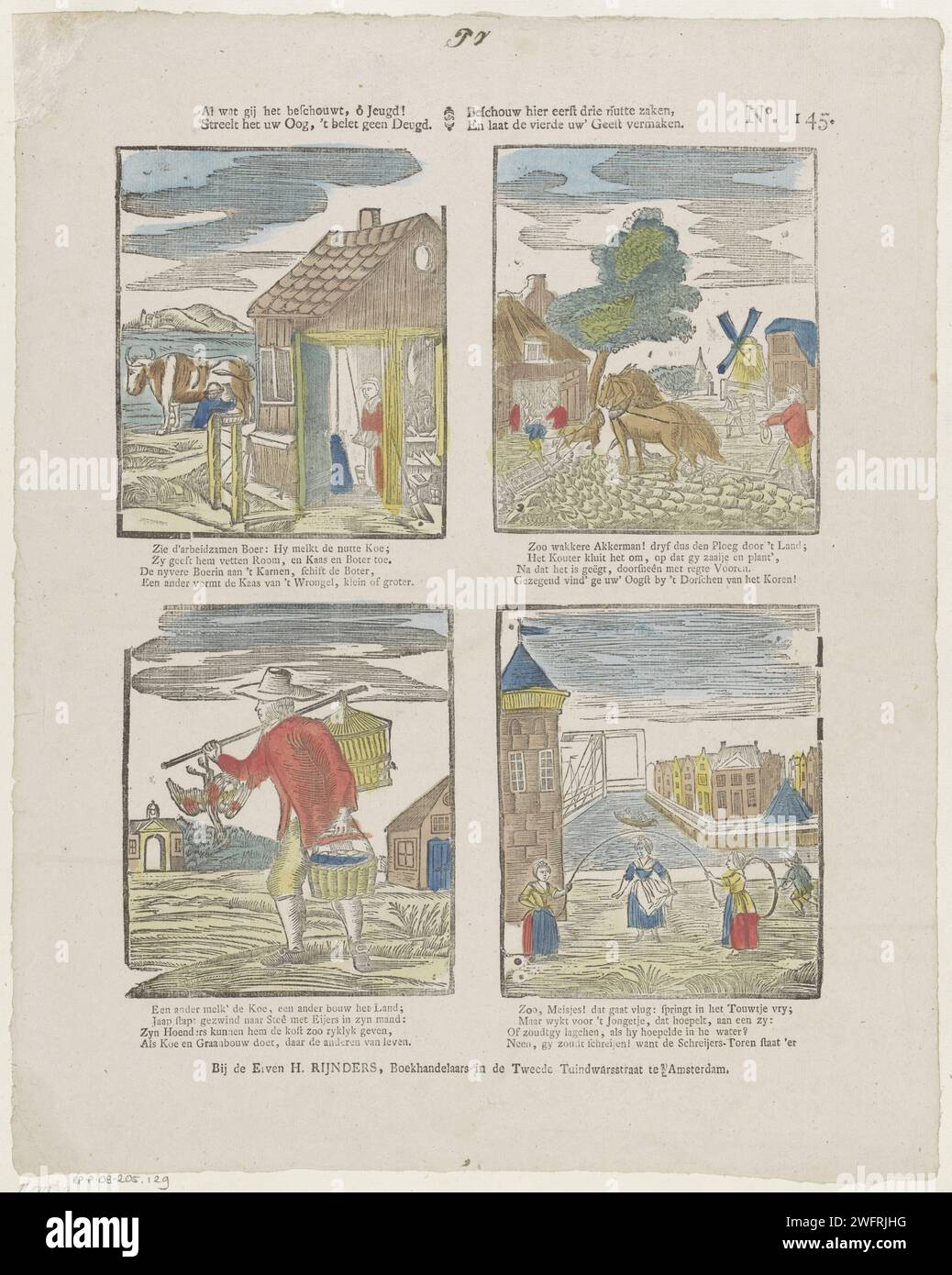 Tutto ciò che saluti qui, ô Gioventù! / Accarezza l'occhio, non impedisce la virtù. / Considerate qui i primi tre utili Zaaken, / e lasciate che il quarto il vostro 'spirito Vermaaken, 1831 - 1854 stampa Foglia con 4 esibizioni di un contadino che munge la sua mucca, da contadini che lasciano che i cavalli arino il campo, da un venditore di uova sulla strada per il mercato e da bambini che saltano la corda. Un verso a quattro righe sotto ogni immagine. Numerato in alto a destra: N. 145. Amsterdampublisher: Zaltbommelprint Maker: Mungitura per la stampa di carta tipografica olandese. aratura. commerciante di strada. giochi di salto con la corda Foto Stock