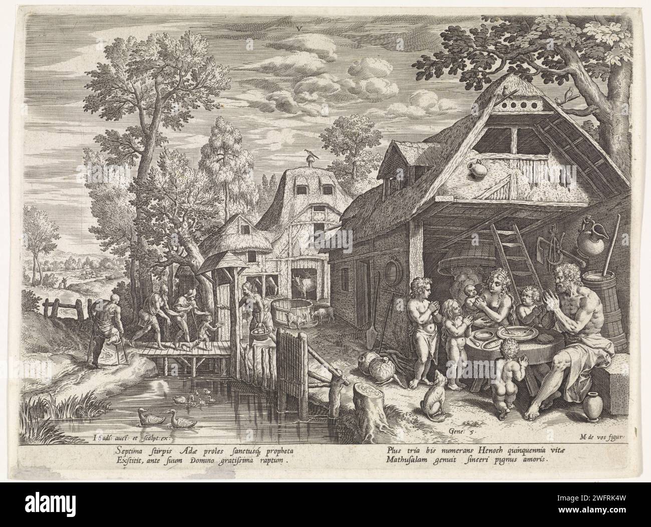 Enoch e la sua famiglia, Johann Sadeler (i), dopo Maerten de Vos, 1586 stampa Enoch è seduto al tavolo con la sua famiglia. Tra le braccia di sua moglie il neonato Metuselach. La famiglia prega per mangiare a Dio. Sullo sfondo, il cibo viene distribuito a mendicanti e crackling. La stampa ha una didascalia latina Anversa, una storia di incisione su carta di Enoch, figlio di Jared, che inventò le lettere e fu il primo a dividere l'anno in stagioni e in dodici mesi. pasto (famiglia). pregare a tavola, dire grazia. opere di beneficenza Foto Stock