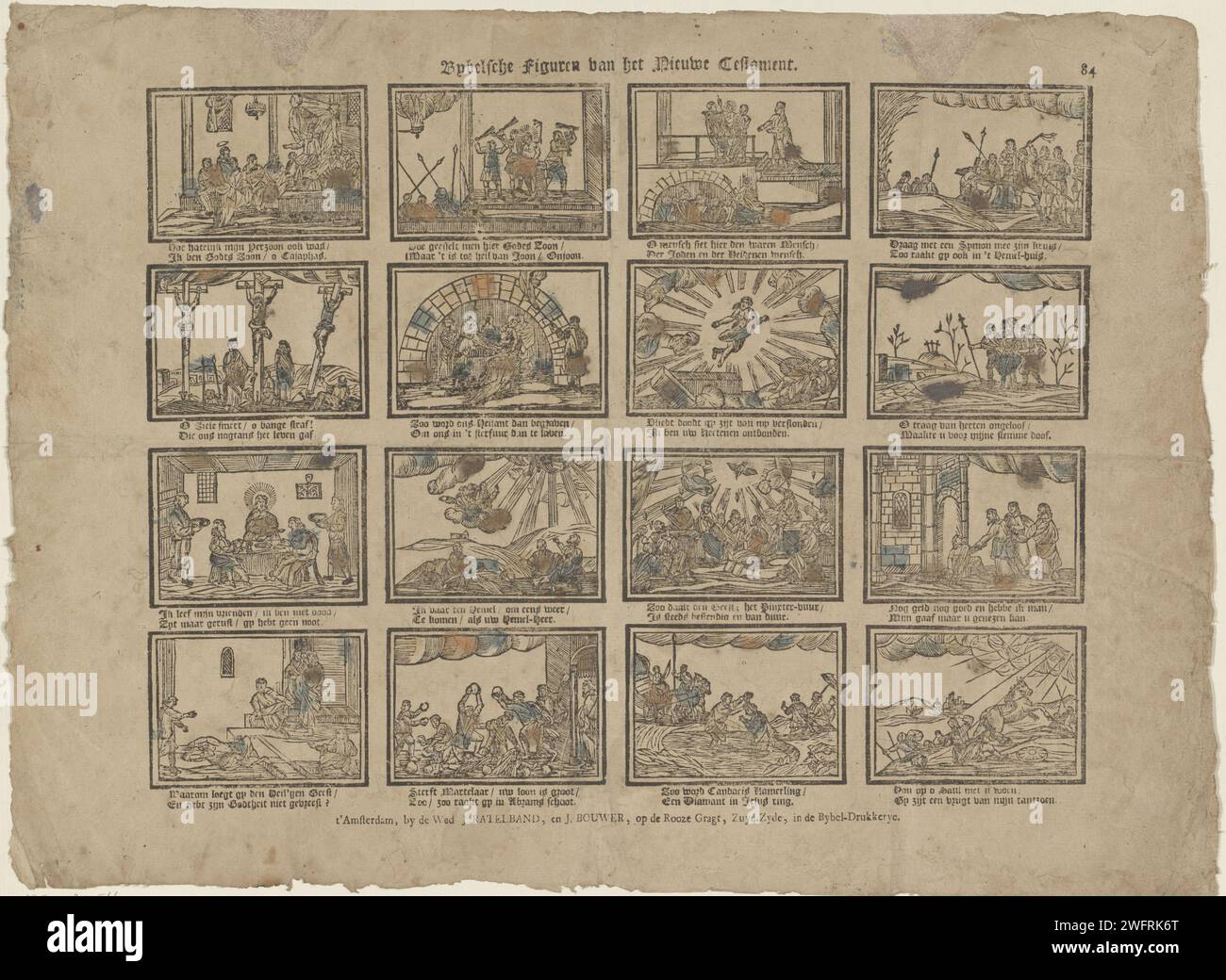 Figure bibliche del nuovo Testamento, 1767 - c. 1778 stampa Leaf con 16 rappresentazioni di storie del nuovo Testamento. Sotto ogni immagine un verso bidirezionale. Numerato in alto a destra: 84. Editore: Amsterdamprint Maker: Stampa tipografica su carta olandese New Testament Foto Stock