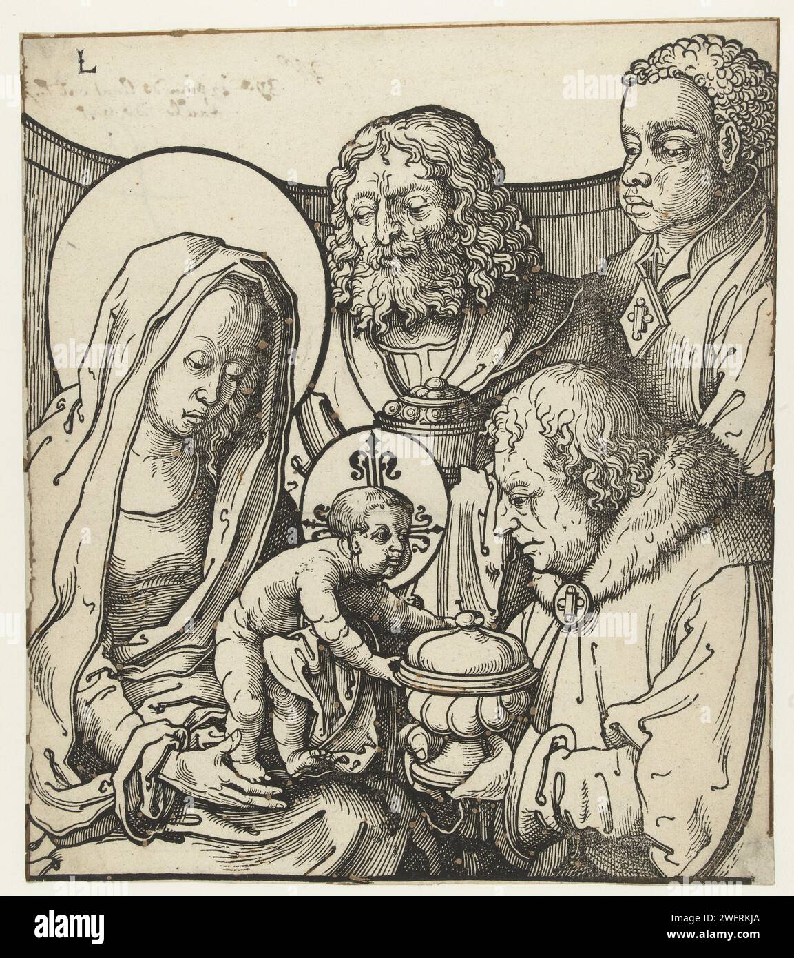 Il culto dei Re, anonimo, dopo Lucas van Leyden, 1513 - 1583 stampa il culto del bambino di Cristo dai tre re. Stampato da blocco di legno con verme, stampato con pennello. L iniziale aggiunta con la penna in alto a sinistra. I Paesi bassi adorano i re: I saggi presentano i loro doni al Cristo bambino (oro, incenso e mirra) Foto Stock