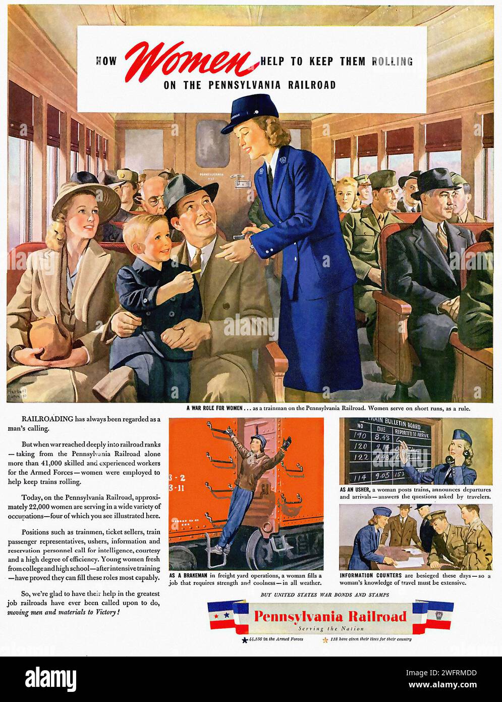 "COME LE DONNE AIUTANO A MANTENERLE IN MOVIMENTO" questa è una pubblicità vintage dell'era della seconda guerra mondiale, originaria degli Stati Uniti. Presenta una donna con un vestito blu in piedi di fronte a un gruppo di uomini in un vagone ferroviario. La pubblicità è per la Pennsylvania Railroad, e il testo sottolinea il ruolo delle donne nell'industria ferroviaria, con il titolo "How Women Help to Keep Them Rolling". Lo stile grafico dell'immagine è tipico dell'arte commerciale della metà del XX secolo, con linee audaci e una composizione drammatica. Lo sfondo della pubblicità è un vagone ferroviario con finestre e pannelli di legno Foto Stock