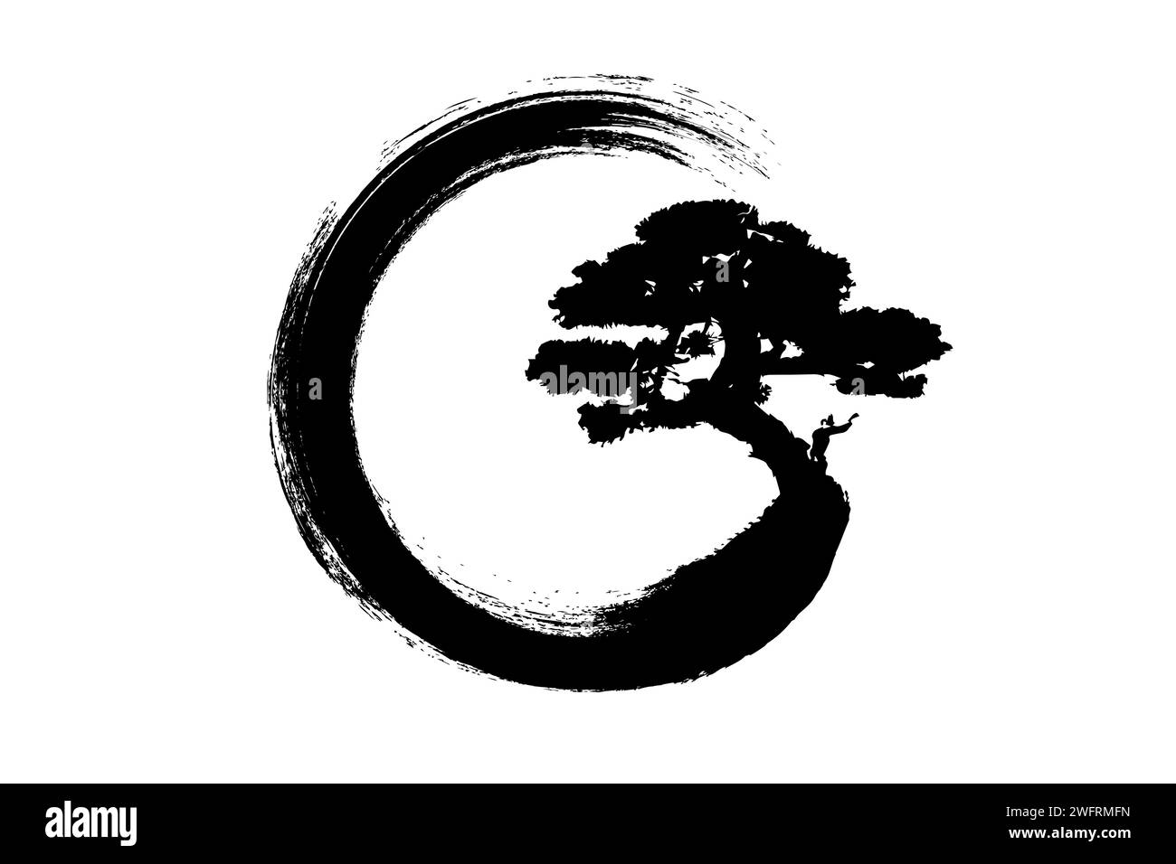 Enso Zen Circle e Bonsai Tree, disegnati a mano con inchiostro nero in sumi-e tradizionale stile giapponese, con logo Vector in stile Paint Brush, isolati Illustrazione Vettoriale