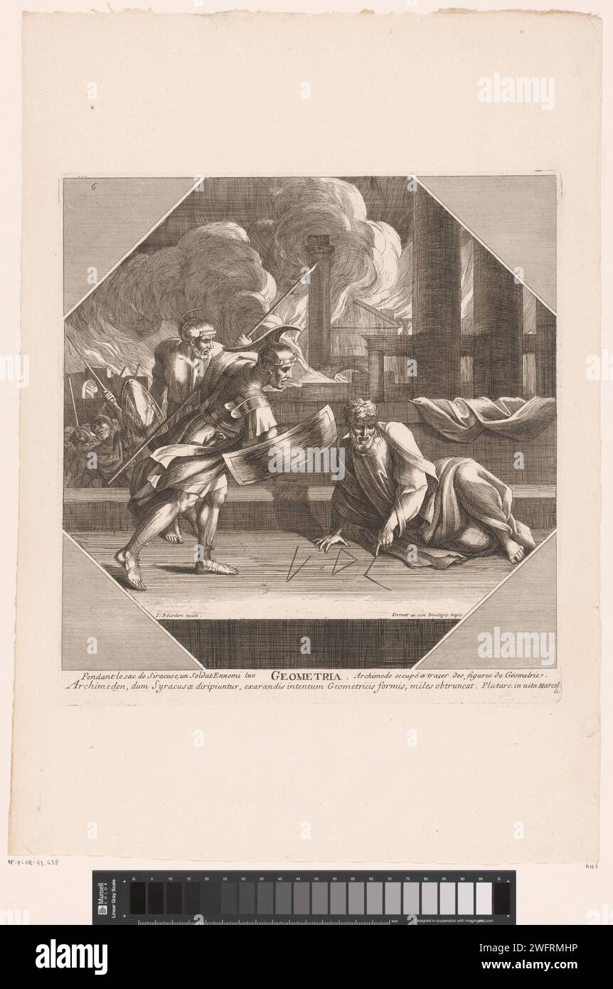 Meetkunde, Jacques-Antoine Friquet il vauroze, dopo Sevengas Bourdon, 1663 - 1738 stampa Archimede, con due soldati accanto a lui, disegna figure geometriche sul pavimento durante l'assedio di Siracusa. Tipografia: Franceafter design di: Parispublisher: FranceFrance incisione su carta / incisione di persone storiche. "Geometria" ( quadrivio); "geometria" (Ripa) Foto Stock