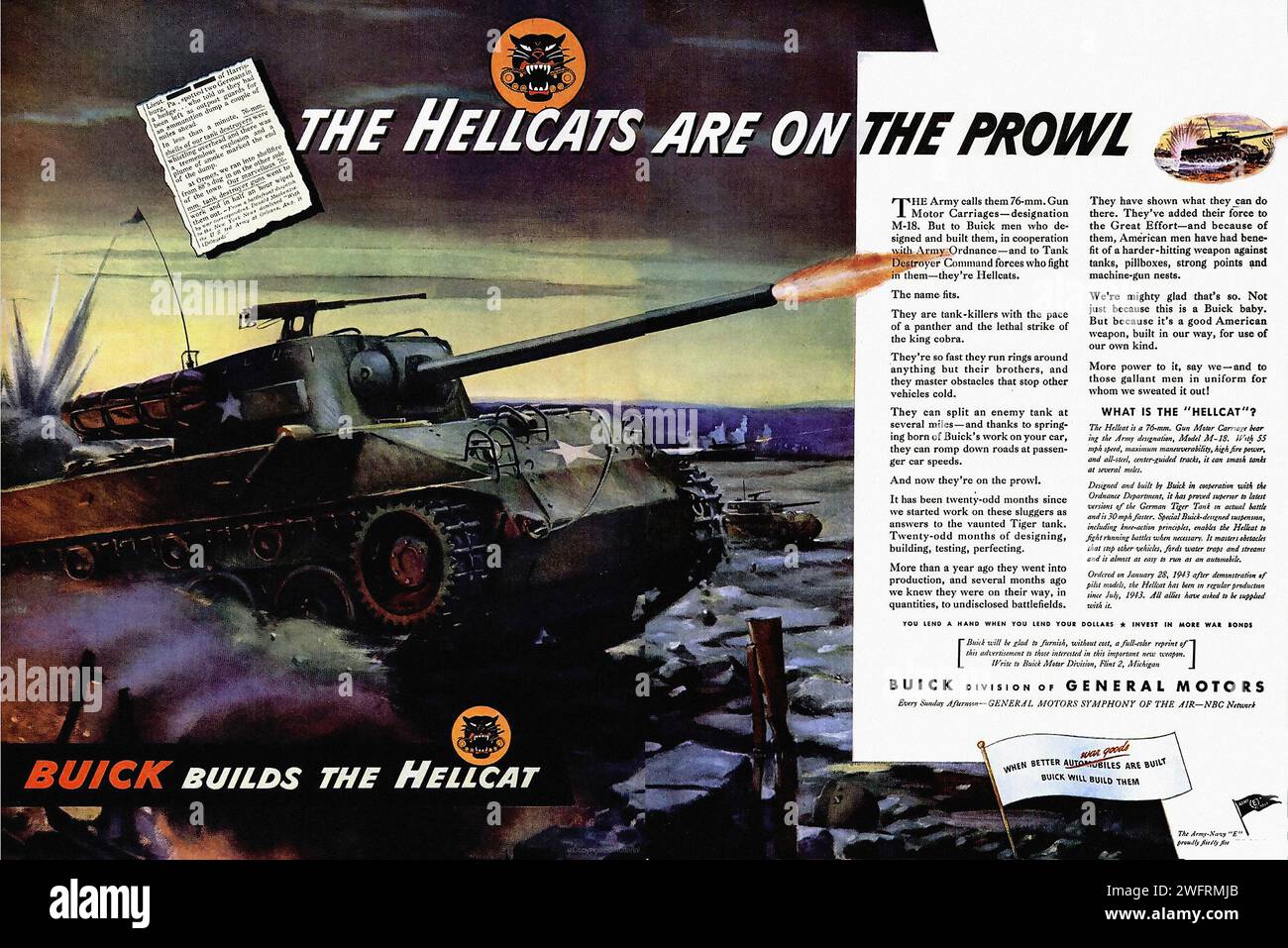 "GLI HELLCATS SONO IN PROCINTO" poster di propaganda statunitense della seconda guerra mondiale con un carro armato con il testo "GLI HELLCATS SONO IN PROCINTO". Il poster è in stile grafico con colori e testo in grassetto. - Pubblicità americana (USA), era della seconda guerra mondiale Foto Stock