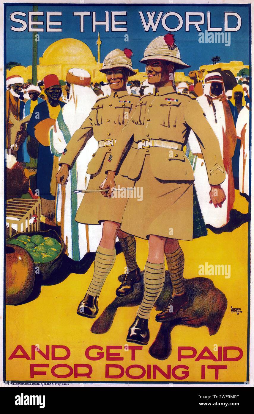 Illustrazione con due soldati sorridenti che guardano indietro sulle spalle, ambientato su uno sfondo esotico con figure locali. Il testo incoraggia ad unirsi all'esercito per "VEDERE IL MONDO”. Riflette l'estetica del reclutamento militare d'epoca dell'epoca post-prima guerra mondiale. Foto Stock