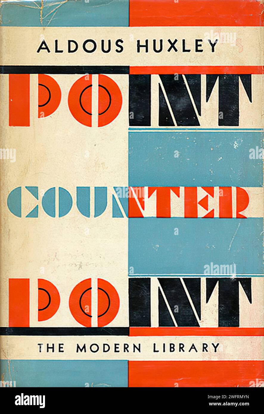Design della copertina del libro per "POINT COUNTER POINT" di Aldous Huxley con una disposizione modernista di forme geometriche e tipografia. I colori sono un mix di rosso, blu, nero e crema, che crea una composizione visiva sorprendente. Foto Stock