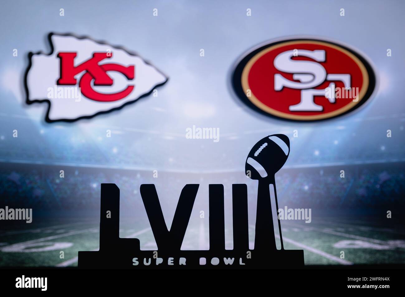 LAS VEGAS, NEVADA, USA, 29 GENNAIO 2024: Titolo LVIII per il Super Bowl LVIII, Kansas City Chiefs vs. I San Francisco 49ers all'Allegiant Stadium. NFL f Foto Stock