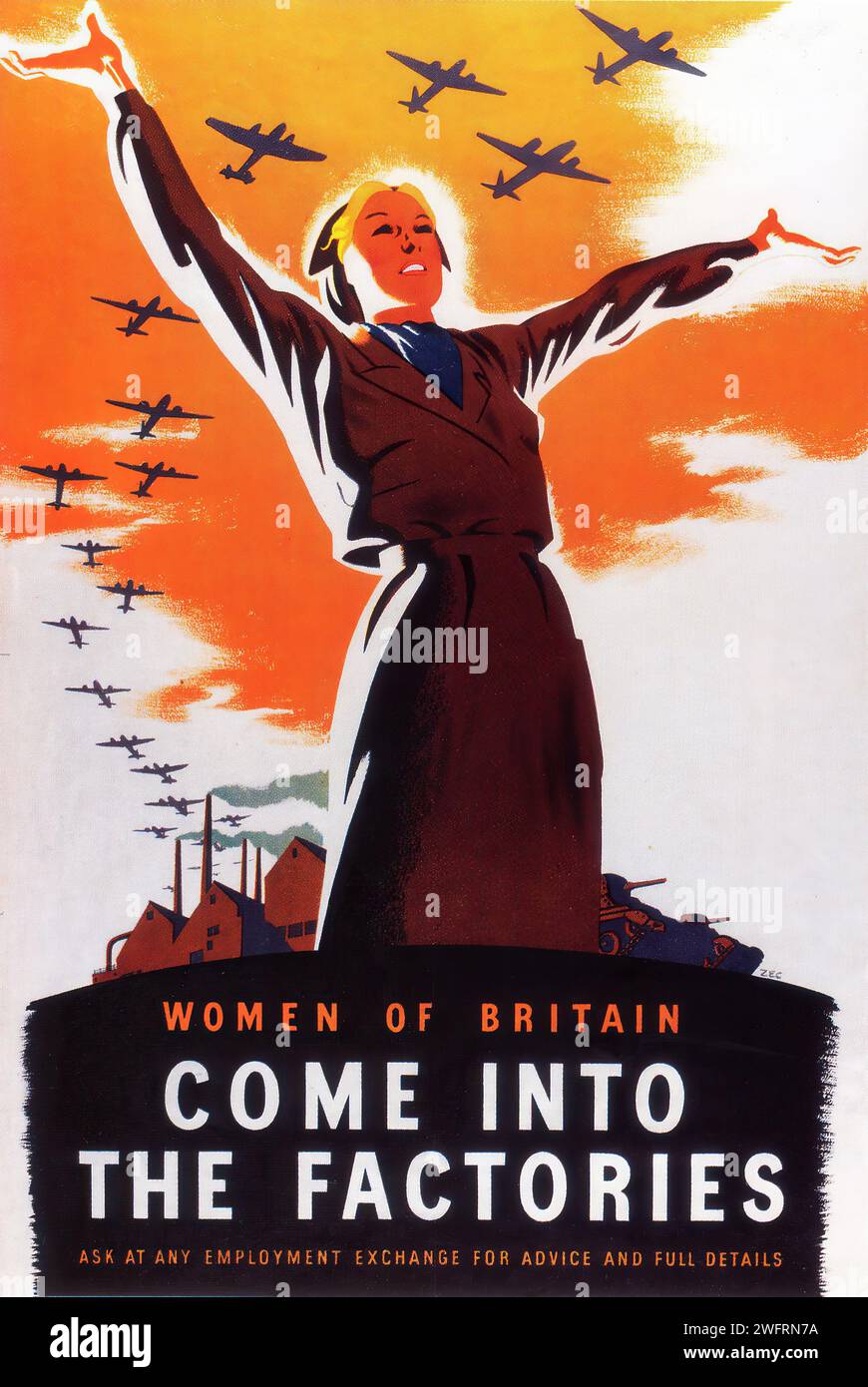 "LE DONNE INGLESI VENGONO NELLE FABBRICHE CHIEDONO CONSIGLI E DETTAGLI COMPLETI A QUALSIASI SCAMBIO DI LAVORO" | VINTAGE BRITISH ADVERTISING. Questo poster del 1941 è un pezzo iconico della storia britannica della seconda guerra mondiale, che esorta le donne a unirsi alla forza lavoro nelle fabbriche. L'immagine mostra una donna con le braccia tese, che simboleggia l'empowerment, sullo sfondo di aerei da combattimento e camini di fabbrica, che riflettono lo sforzo bellico industriale. Lo stile è evocativo della propaganda in tempo di guerra, con colori audaci e composizione dinamica per ispirare e motivare lo spettatore. Foto Stock