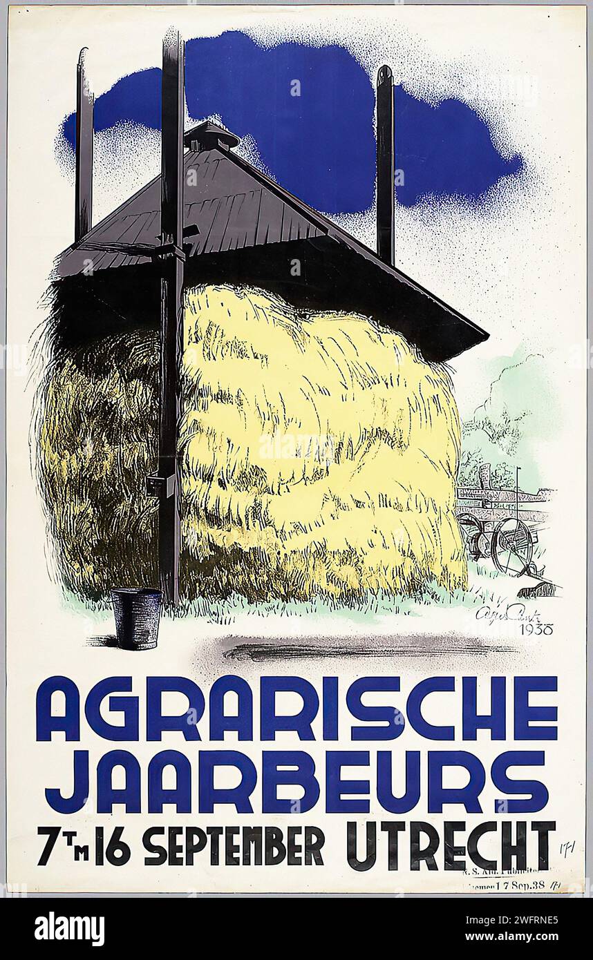 Un poster olandese d'epoca per la fiera agricola di Utrecht, con il nome dell'artista "Agnes Canta" e la data "1938". Presenta un pagliaio e immagini agricole. Lo stile è ludico e illustrativo, tipico degli annunci di eventi dell'epoca. Foto Stock