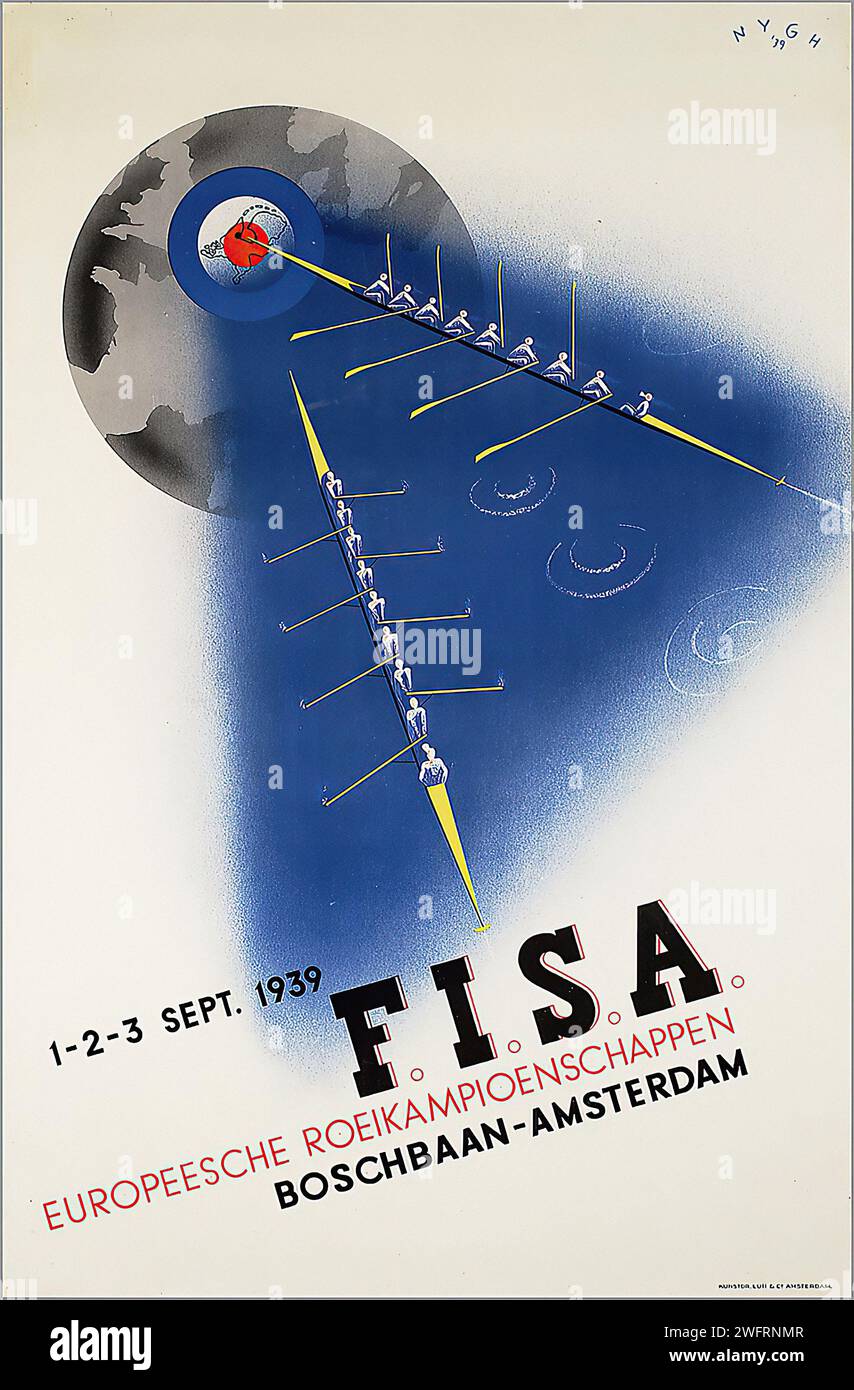 1-2-3 SETTEMBRE 1939 F.I.S.A. EUROPEESCHE ROEIKAMPIOENSCHAPPEN BOSCHBAAN-AMSTERDAM ''1-2-3 SETTEMBRE 1939 F.I.S.A. CAMPIONATI EUROPEI DI CANOTTAGGIO BOSCHBAAN-AMSTERDAM' VINTAGE DUTCH ADVERTISING. Illustrazione stilizzata di vogatori su sfondo blu con una grande luna e una mappa dell'Europa. Foto Stock