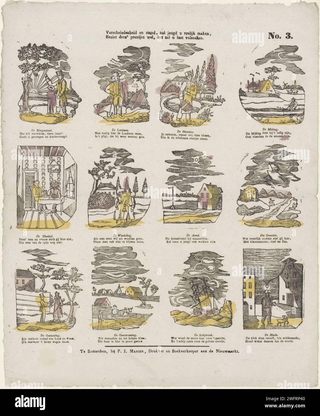 Varietà e supporto. Sarà felice di renderti felice, / Guarda le stampe di Deez, ti completerà, P.J. Masier, 1827 - 1860 fogli stampati con 12 spettacoli di diverse figure, orari, attività ed eventi. Sotto ogni immagine un nuovo titolo e un nuovo testo bidirezionale. Numerato in alto a destra: N. 3. Editore: Rotterdam damprint Maker: Netherlands paper letterpress Printing Storm. giorno e notte. passeggiate, escursioni (attività ricreative) Foto Stock