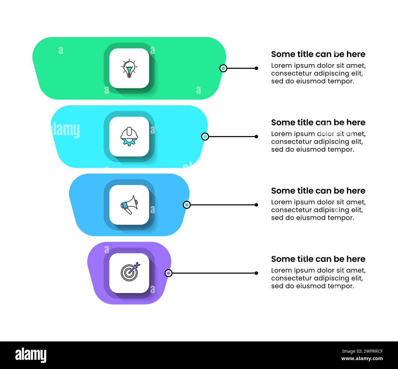 Modello infografico con icone e 4 opzioni o passaggi. Imbuto astratto. Può essere utilizzato per layout del flusso di lavoro, diagrammi, banner, webdesign. Illustrazione vettoriale Illustrazione Vettoriale