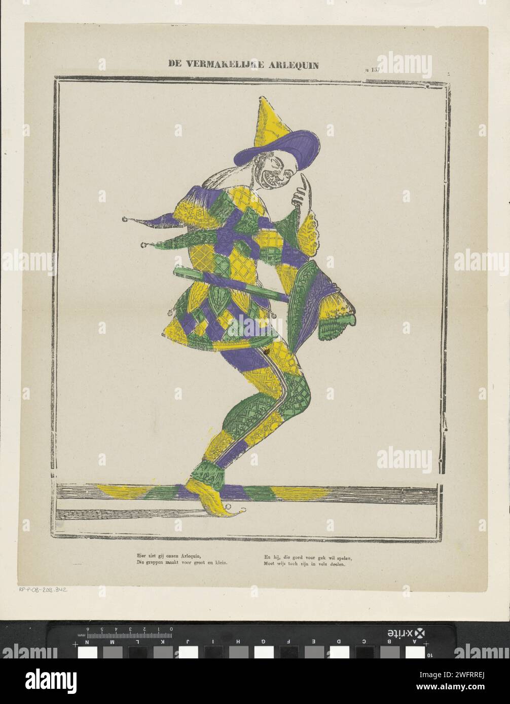 The Entertaining Arlequin, 1833 - 1856 stampa Leaf con una grande rappresentazione di Harlequin. Nel margine inferiore un verso di quattro righe in due colonne. Numerato in alto a destra: N 157. Carta Turnwood tipi di stampa letterpress in "commedia dell'arte": Harlequin Foto Stock