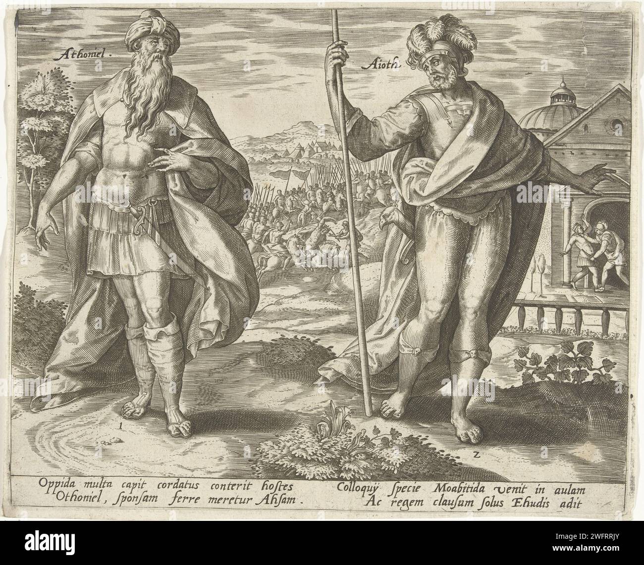 Othniel e Ehud, 1585 stampano in primo piano i primi due giudici di Israele: Othniel ed Ehud. Due storie del loro tempo sullo sfondo. Al centro gli eserciti belligeranti di Israele e Mezopotamia. Proprio sullo sfondo, re Eglon dei Moabiti viene ucciso da Ehud. La stampa ha una didascalia latina. L'incisione di carta di Anversa Othniel consegna gli Israeliti da Chushan-rishathaim, re della Mesopotamia. Ehud ed Eglon sono lasciati soli dai servitori. Persone maschili dell'Antico Testamento (con NOME) (non in contesto biblico). Foto Stock Othniel e Ehud, 1585 stampano in primo piano i primi due giudici di Israele: Othniel ed Ehud. Due storie del loro tempo sullo sfondo. Al centro gli eserciti belligeranti di Israele e Mezopotamia. Proprio sullo sfondo, re Eglon dei Moabiti viene ucciso da Ehud. La stampa ha una didascalia latina. L'incisione di carta di Anversa Othniel consegna gli Israeliti da Chushan-rishathaim, re della Mesopotamia. Ehud ed Eglon sono lasciati soli dai servitori. Persone maschili dell'Antico Testamento (con NOME) (non in contesto biblico). Foto Stock