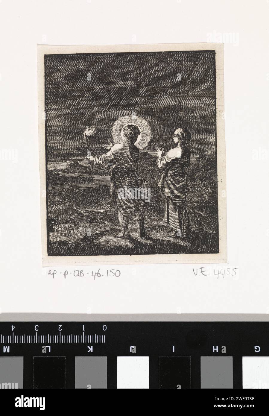 Cristo illumina l'oscurità con una torcia, Jan Luyken, 1714 per l'anima personificata stampa Amsterdam paper Etching Christ and the Soul. oscurità Foto Stock