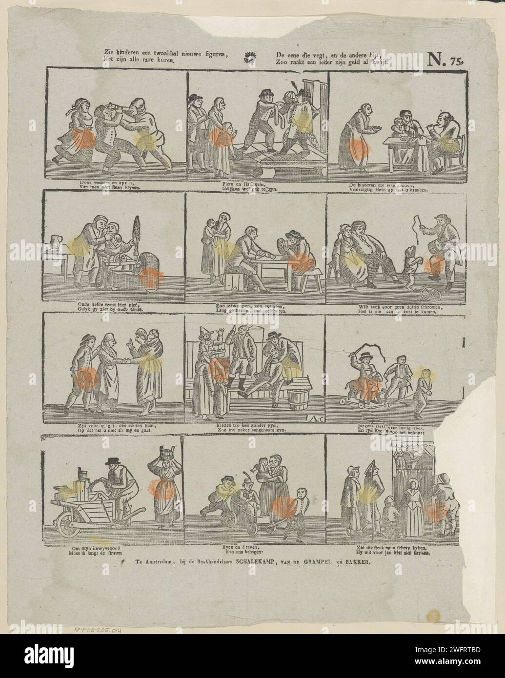 Vedete, bambini a dodici nuove figure, / sono tutte le cure strane, / una che morde, e l'altra, / così tutti perdono già i loro soldi, 1830 - 1892 fogli stampati con 12 spettacoli di diverse figure e attività. Sotto ogni immagine un verso bidirezionale. Numerato in alto a destra: N. 75. Stampatore: Olanda AMSTERDAMPLASTASTUNSHER: Carta Zaltbommel stampa di tipi umani. combattere. giochi e giochi per bambini. un paio di amanti Foto Stock