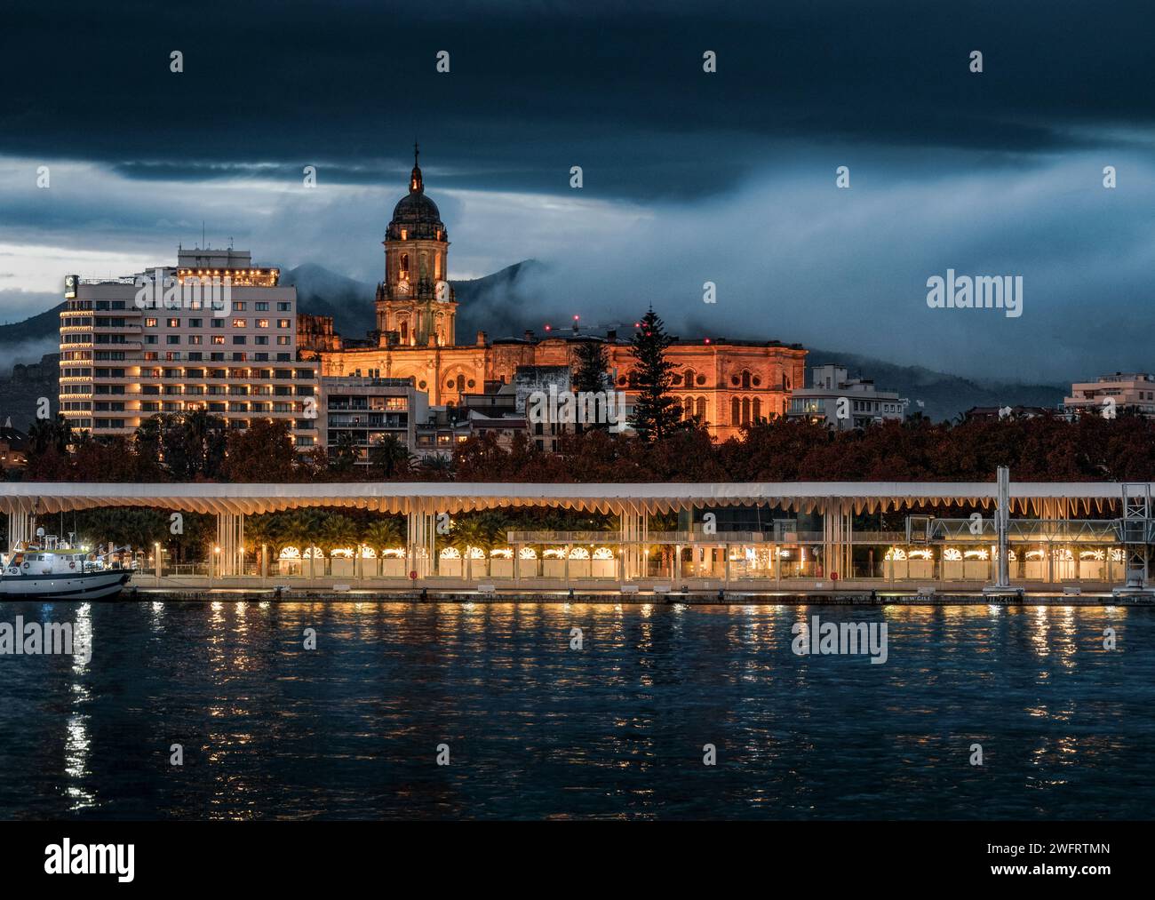 Vista dal porticciolo, del centro città di Malaga e della sua cattedrale Foto Stock