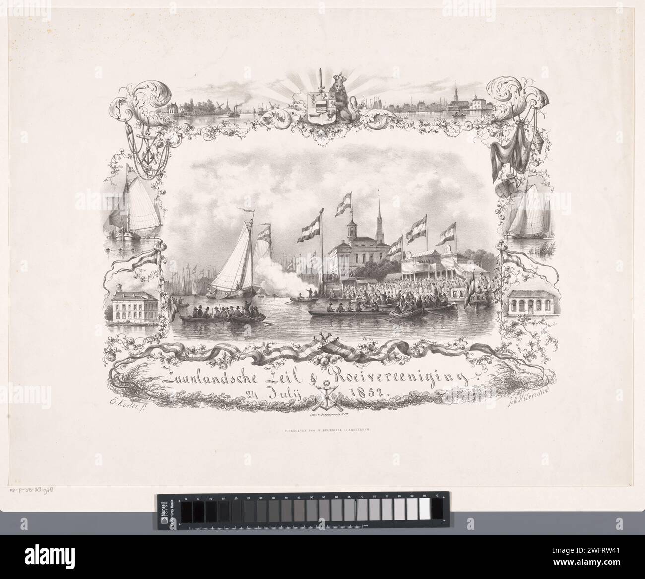 Remembrancesprent in occasione del centenario della Zaanse Sailing and Rowing Association, Everhardus Koster, dopo Johannes Hilverdink, stampa del 1852 questa stampa è stata pubblicata in occasione del centenario dell'associazione velica e canottaggio il 24 luglio 1852. Nel mezzo, una folla si radunò per l'allora municipio di Zaandam. Barche a vela e a remi navigano sull'acqua. Intorno all'immagine centrale immagini più piccole dello Zaan, della diga dalla parte anteriore (l'attuale parte dello Zaan tra l'isola, Prins Hendrikkade e la chiusa di Zaandam), lo Zar Peterhuisje e la città ha Foto Stock