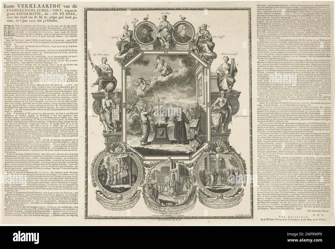 Stampa evangelica di Giubello al secondo centenario della riforma, 1717, Adolf van der Laan, dopo Andries de Leth, dopo Abraham de Lairesse, 1717 stampa giubilazione evangelica stampa in occasione della celebrazione del secondo centenario della riforma, 31 ottobre 1717. Spettacolo centrale con Lutero e Melanchton in un altare su cui il fuoco Divino brucia falsa dottrina, decorato in una cornice con ritratti di Hus e Lutero, tre scene della vita di Lutero, leader biblici e personificazioni della verità, della fede, della speranza, dell'amore e della fermezza. A sinistra e a destra dello spettacolo i esplicati Foto Stock