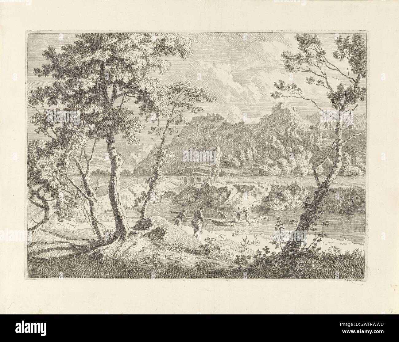 Paesaggio fluviale con una barca, Johannes Glaber, 1656 - 1726 stampa Un paesaggio collinare con un fiume. Una barca con quattro passeggeri sull'acqua. Due donne controllano la banca. fiume di incisione della carta sconosciuto (+ paesaggio con figure, personale). (alta) salita. canottaggio, canoa, ecc. Foto Stock