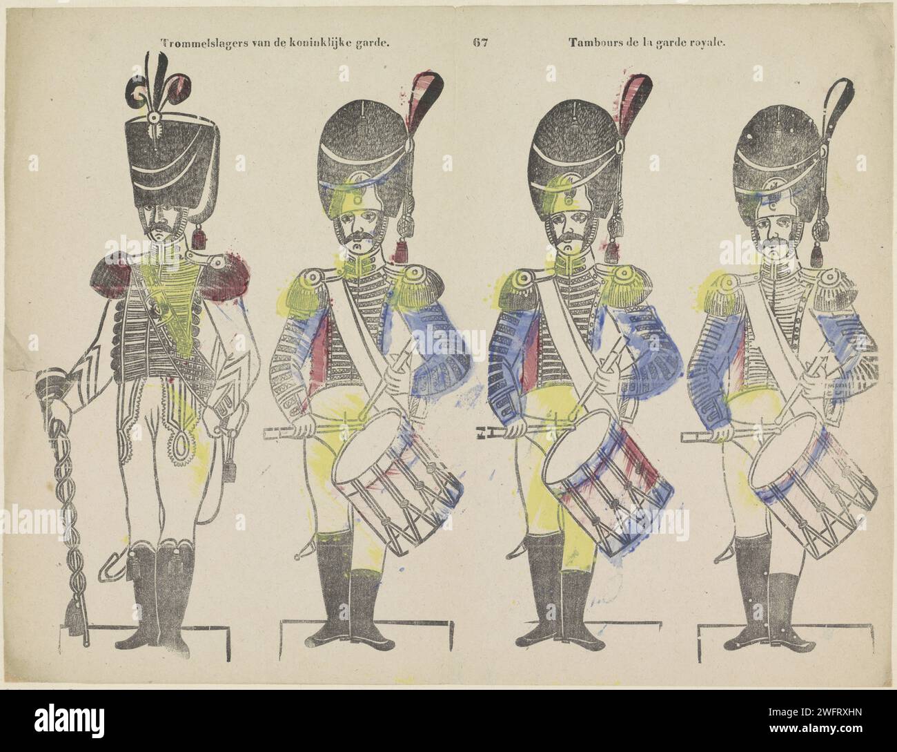 Macellai in miniatura della Royal Garde / Tambours de la Garde Royale, 1800 - 1833 fogli stampati con 4 esibizioni di musicisti militari. Numerato al centro: 67. Tipografia di carta Turnwood che stampa il soldato; la vita del soldato. banda militare Foto Stock