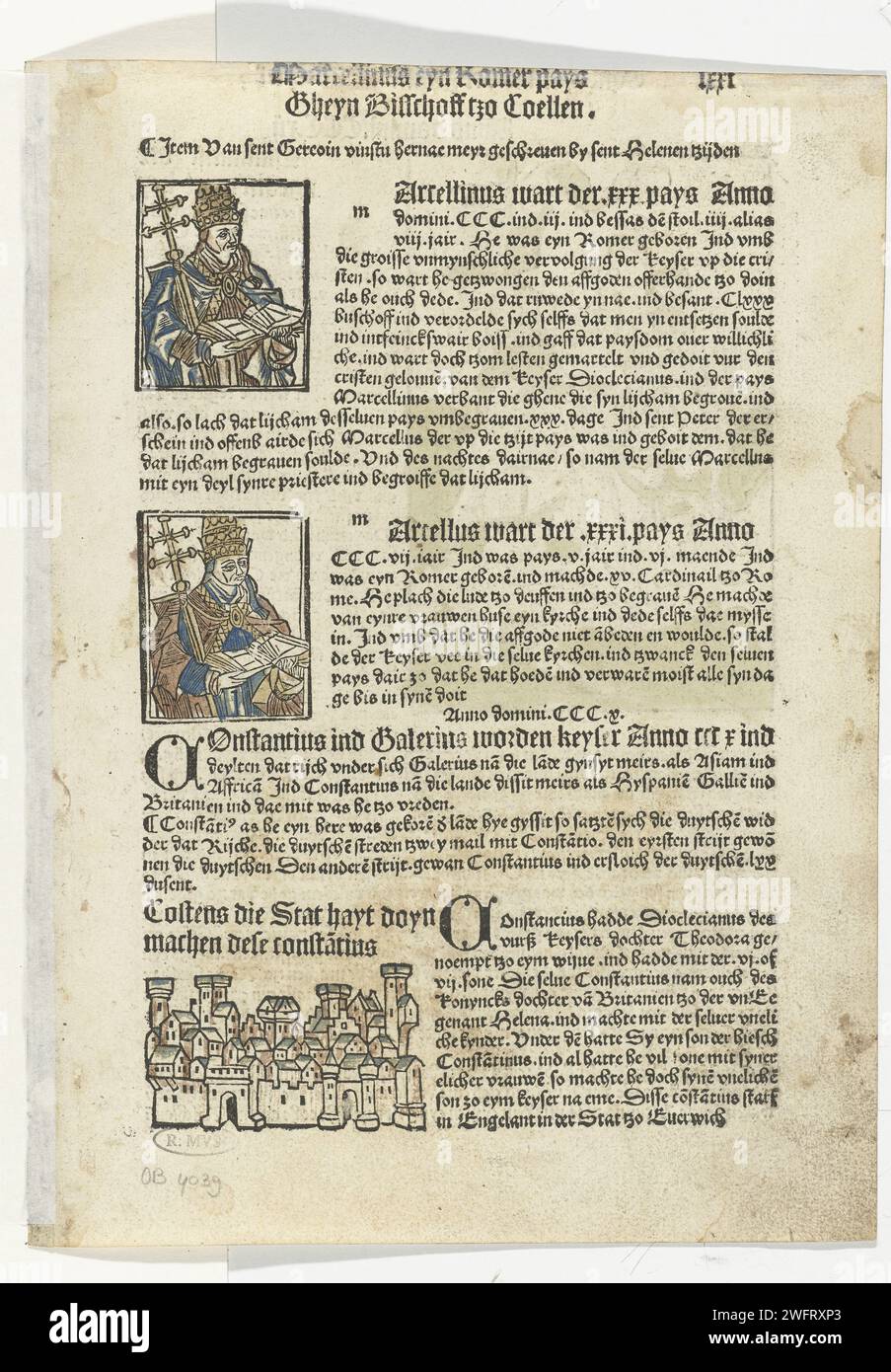 Due papi, 1499 fogli stampati da un libro. Testo di quattro paragrafi con tre incisioni di legno, due ritratti di papi e una vista sulla città. papa di carta della Germania. vista sulla città in generale; 'veduta' Foto Stock