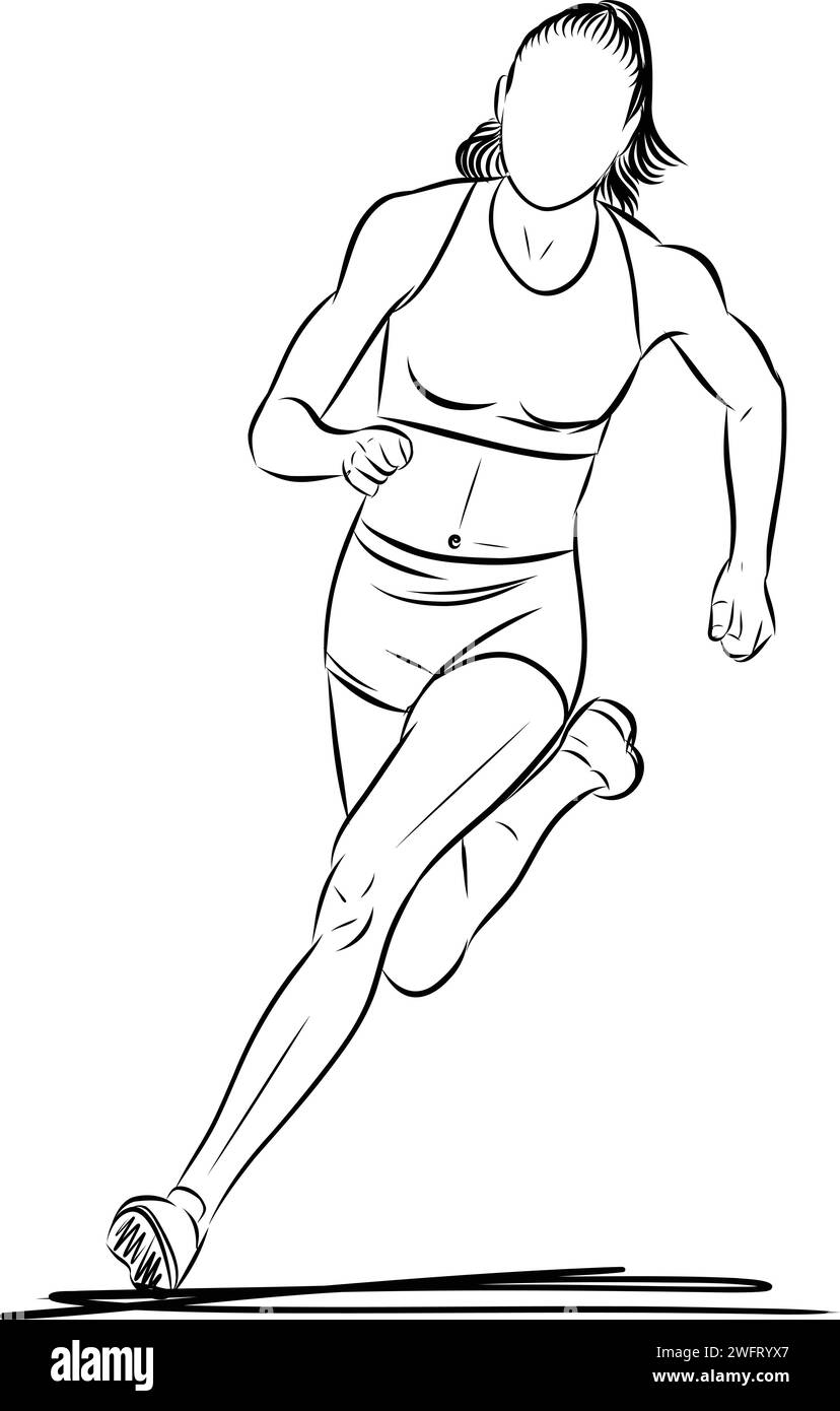 Schizzo di una giovane donna che corre, illustrazioni vettoriali delle maratone Illustrazione Vettoriale
