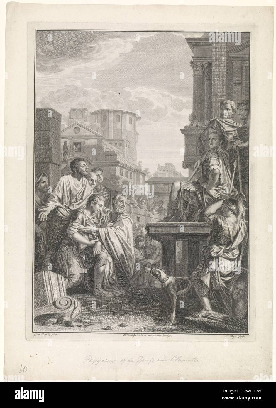 Lucius Papirius perdona Fabius Maximus, Pieter Tanjé, dopo Gerard de Lairesse, dopo Nicolaas Verkolje, stampa del 1737 Lucius Papirius Cursor, seduto su un trono, mostra la grazia del giovane Fabius Maximus, come suo padre e l'intero popolo romano per grazia. Fabius Maximus aveva attaccato i Sanniti senza il permesso di Papirio e sarebbe stato punito per questo. Presentazione alla camera del consiglio della Corte di giustizia dei Paesi Bassi, della Zelanda e della Frisia occidentale nel Binnenhof dell'Aia. Incisione su carta di Amsterdam / incisione di uomini dalla storia classica (PAPIRIO) Foto Stock