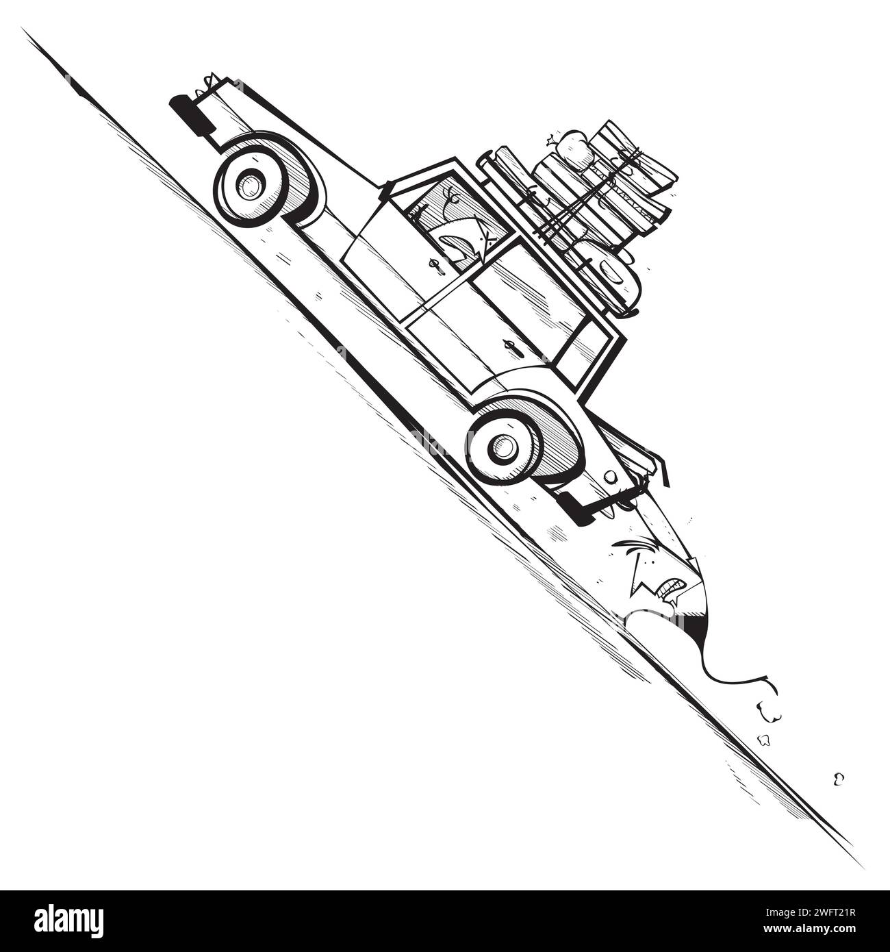 Uomo che lotta per spingere un'auto su una collina Illustrazione Vettoriale