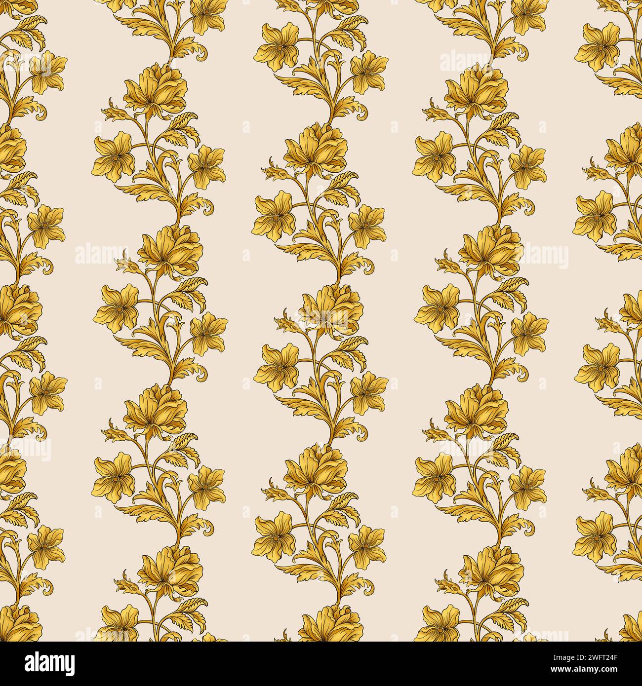 Motivo Golden Ornamental Flowers senza cuciture Foto Stock